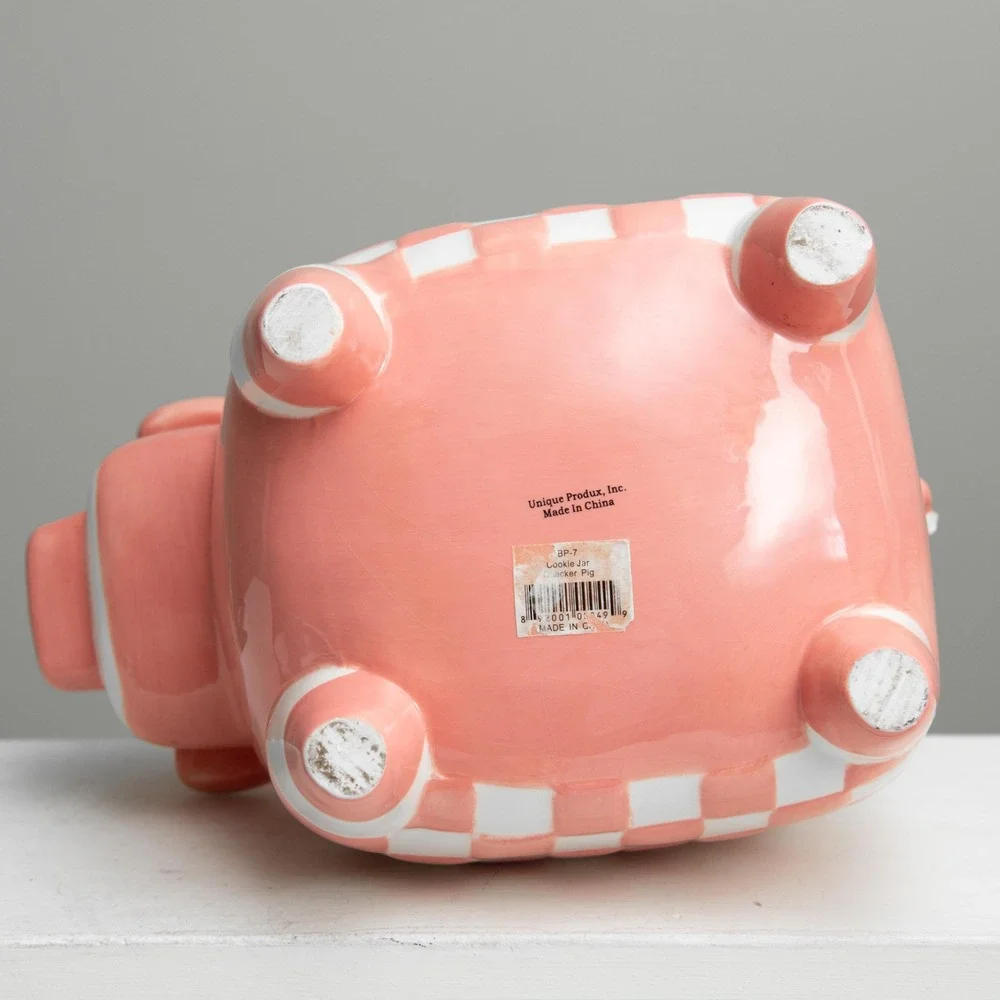 VTG Pink Pig Checkered Cookie Jar Whimsical CottageCore Retro‎ Country Farmhouse